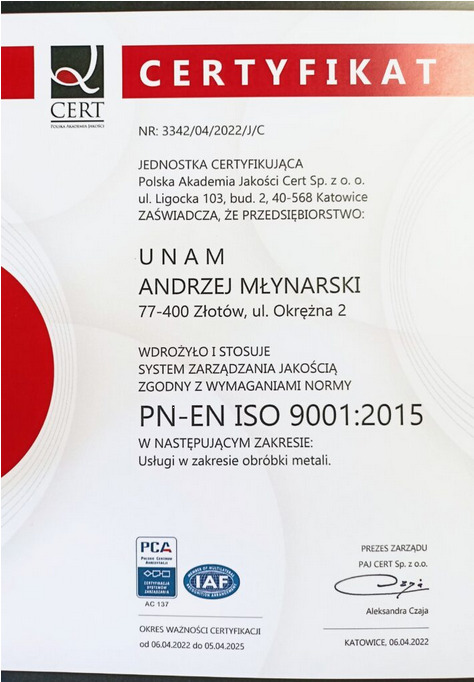 Otrzymaliśmy Certyfikat PN-EN ISO 9001: 2015